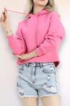 Kapşonlu 3 İplik Crop Sweat Pembe - 20969.1878.